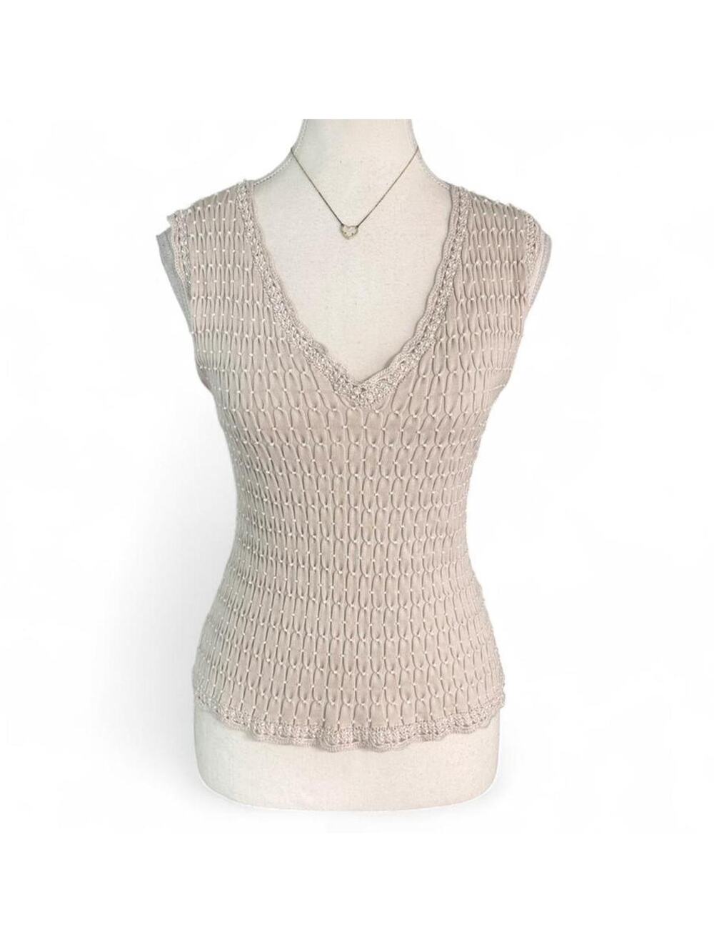 Cream Full Beaded Pearl Vintage 2000s Lace Silk High Quality FullLength Tank Top